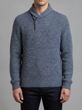 Men's Shawl Collar Zip Knit Sweater - Blue & White Sz M All Cotton